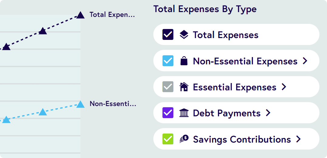 Expense tracker page graphing expenses across multiple expense categories